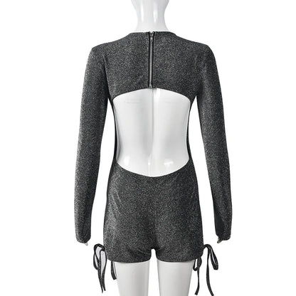 Women’s Zipper Patchwork Silk Playsuit – Sexy Hollow-Out Backless Romper with Full Sleeves