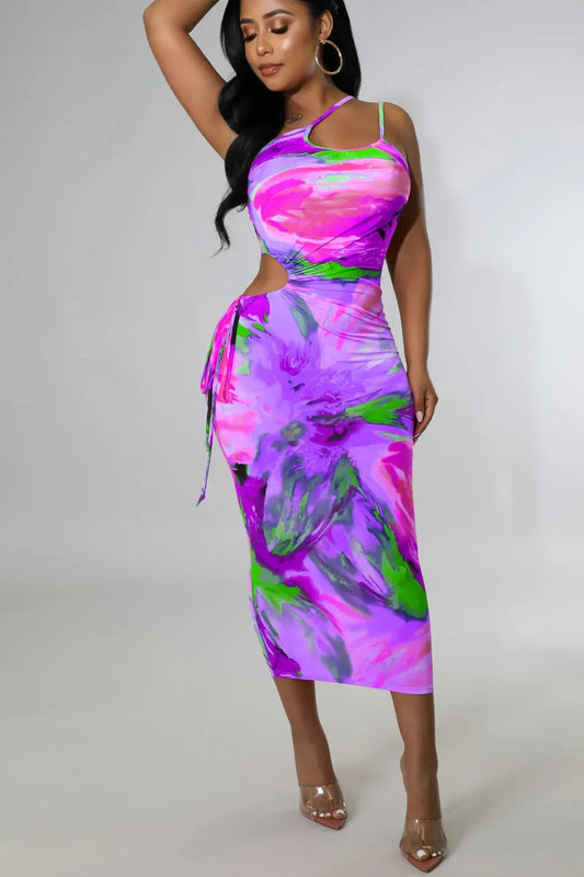 Color Passion Splashed Sexy Tie-Dye Bandage Midi Dress for Women – Spaghetti Strap Skew Neck Summer Party & Club Dress