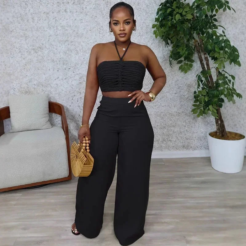 Sexy Night Club Outfits for Woman Two Piece Set Elegant Halter Backless Strapless Crop Top and Wide Leg Pants Matching Sets 2025