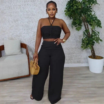 Sexy Night Club Outfits for Woman Two Piece Set Elegant Halter Backless Strapless Crop Top and Wide Leg Pants Matching Sets 2025