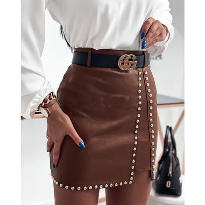 🔥 Pearl Rhinestone High-Waist Leather Pencil Skirt – Elegant, Chic, and Seductively Bold 🔥