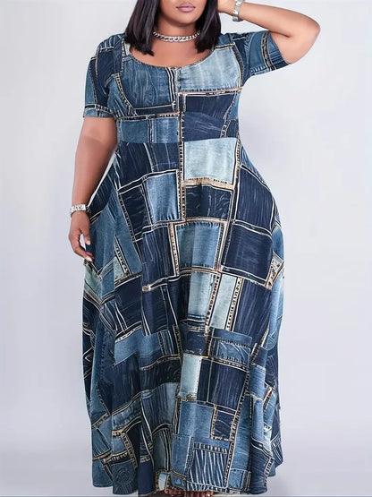 💋 Curve Queen Denim Plaid Maxi Dress – Plus Size 1XL–5XL Summer Casual Chic