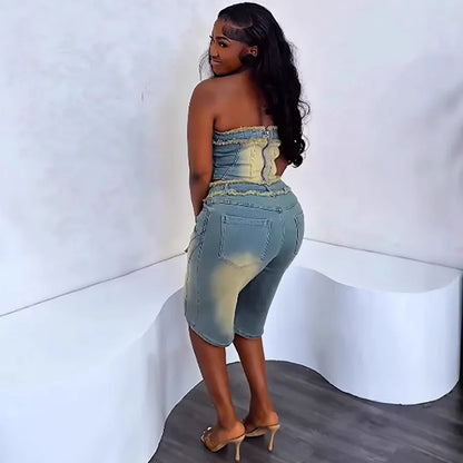 💙 Her Tea Denim Set – Fringed Strapless Top &amp; High-Waisted Shorts 💙