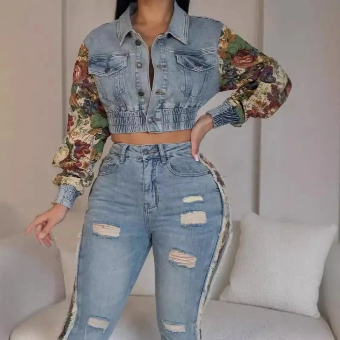 Jeans Suit Women Denim Two Piece Set Short Coat Pants Outfits Hole Trousers Flower Print Turn Down Collar Autumn