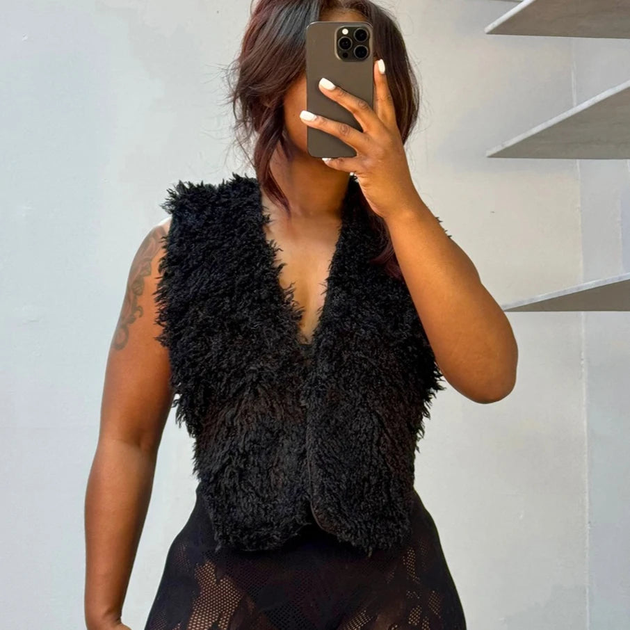 Sexy Women’s Fur Vest – Deep V-Neck Backless Bandage Top | 2025 Streetwear Fashion