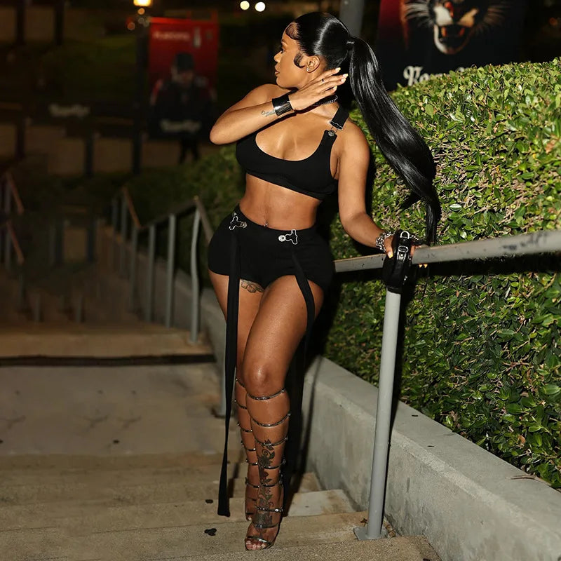 Square-Neck Tank & Ribbon Shorts Set – Metal Buckle 2-Piece Outfit