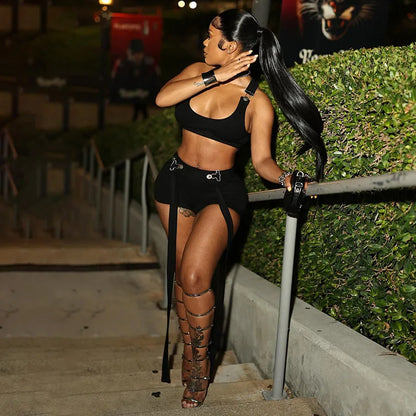 Square-Neck Tank & Ribbon Shorts Set – Metal Buckle 2-Piece Outfit