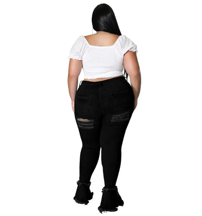 Thick & Sexy Plus Size Flared Jeans Women Bandage High Waist Tassel Hole Denim Ripped Bottom Stretch New Pants