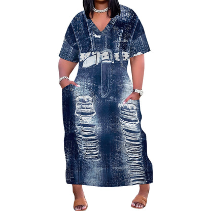🔥 Women’s Thick & Sexy Plus-Size Denim 3D Print Maxi Dress – Casual Soft T-Shirt Dress