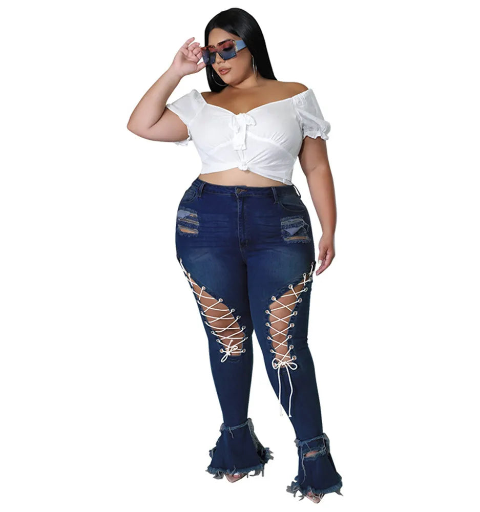 Thick & Sexy Plus Size Flared Jeans Women Bandage High Waist Tassel Hole Denim Ripped Bottom Stretch New Pants