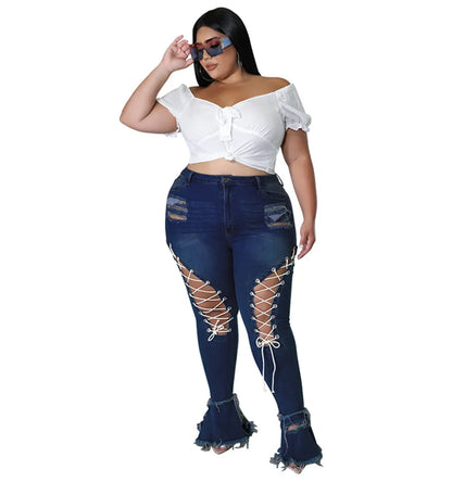 Thick & Sexy Plus Size Flared Jeans Women Bandage High Waist Tassel Hole Denim Ripped Bottom Stretch New Pants