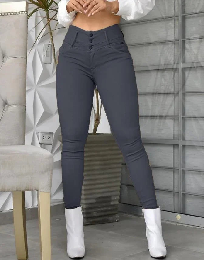 Women Solid Color Long Slim Khaki High Waist Tight Pants Ankle Length Pants
