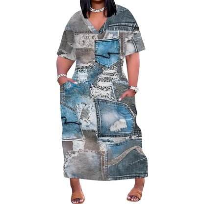 🔥 Women’s Thick & Sexy Plus-Size Denim 3D Print Maxi Dress – Casual Soft T-Shirt Dress