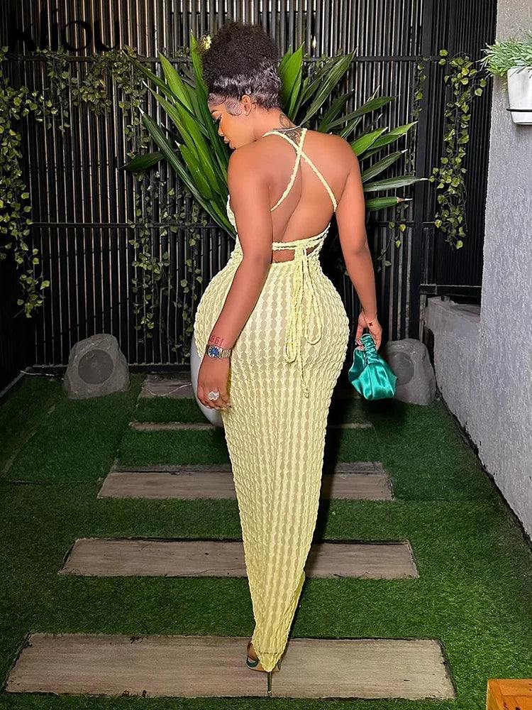 Kliou Solid Ruched Spaghetti Strap Bandage Maxi Dress Women Casual Sleeveless Backless Ladies Party Streetwear Dresses