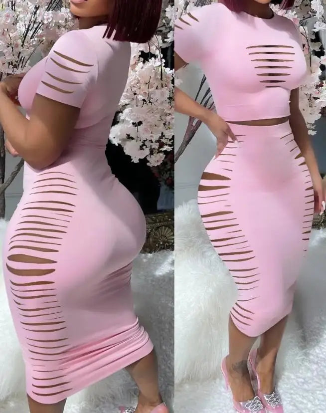 Soft & Beautiful Two Piece Sets Elegant Sexy Outfit Short Sleeve Top & High Waist Skirt Set New Fashion