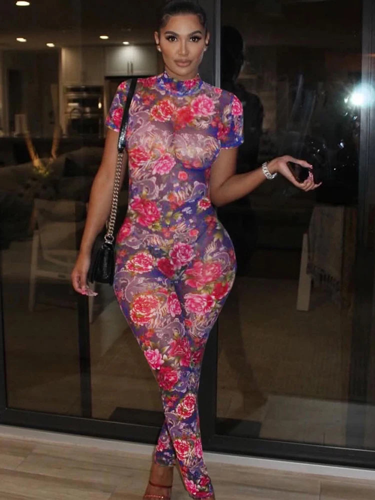 Garden Of Eve Tight Jumpsuits Multi Colors Sexy Panelled Short Sleeve Backless Stand Collar Slim Overalls Clubwear