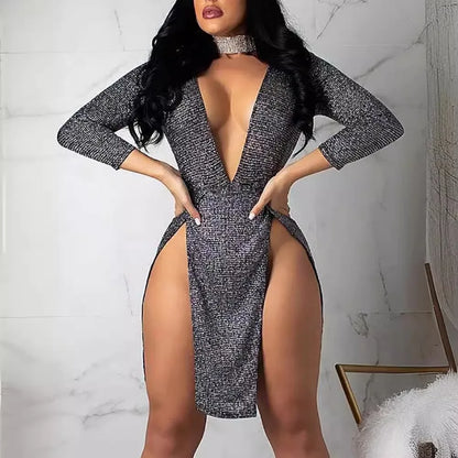 Sexy Deep V-Neck Low-Cut Mini Dress for Women – Elegant Long Sleeve Club & Party Dress