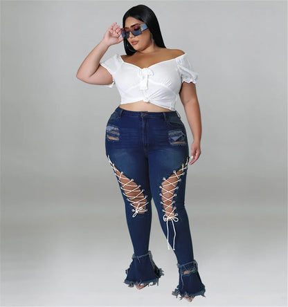 Thick & Sexy Plus Size Flared Jeans Women Bandage High Waist Tassel Hole Denim Ripped Bottom Stretch New Pants