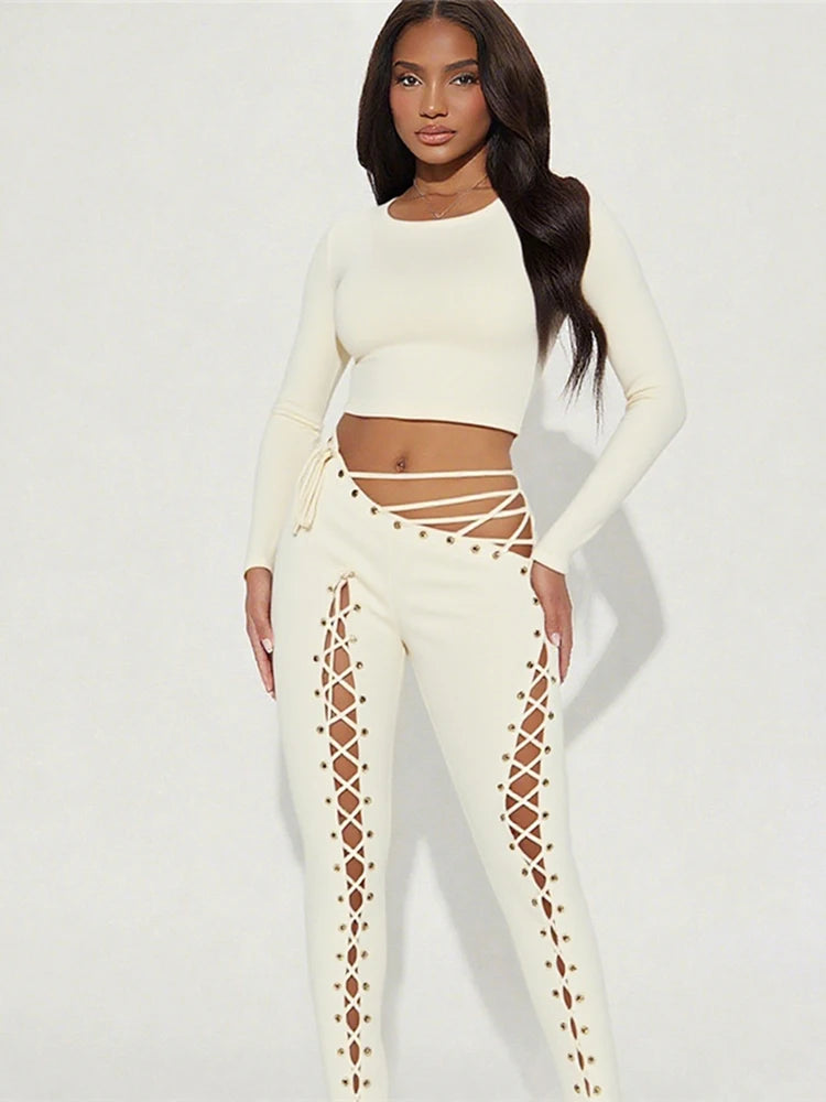 Pretty but Fierce Female Sexy 2 Piece Set Woman o-Neck Navel Exposed Tops+ Long Pants Street Fashion Outfits Multi Colors