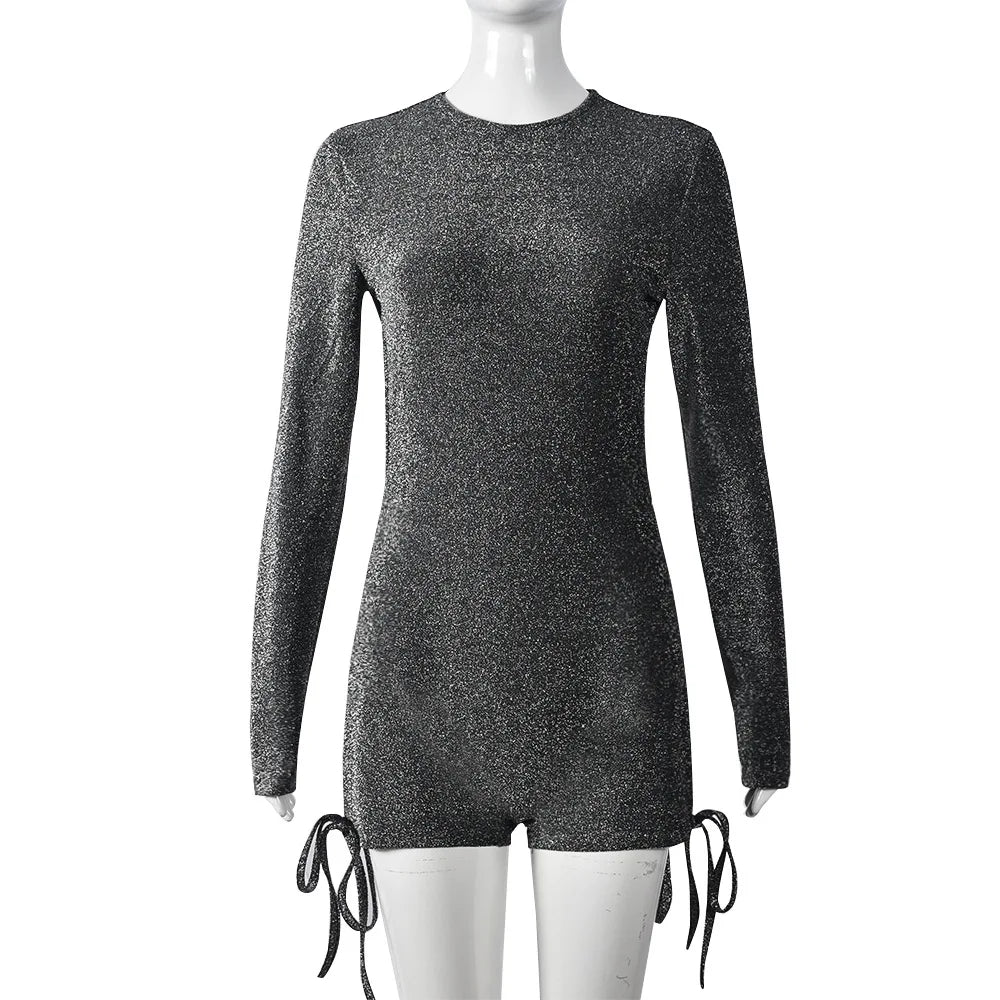 Women’s Zipper Patchwork Silk Playsuit – Sexy Hollow-Out Backless Romper with Full Sleeves