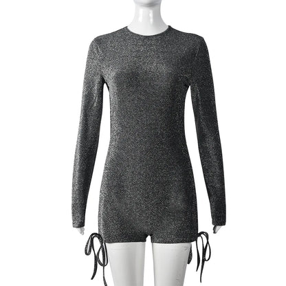 Women’s Zipper Patchwork Silk Playsuit – Sexy Hollow-Out Backless Romper with Full Sleeves