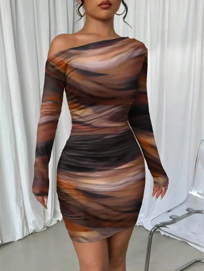 Sexy Pleated Long Sleeve Wrap Skirt Midi Dress for Women – Asymmetrical Collar 2025 Fashion Trend