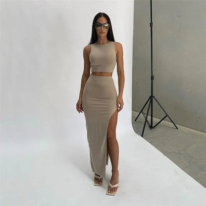 🔥 Quick Sexy 2-Piece Outfit Set 🔥 Sleeveless Crop Tank Top + Wrapped Hip High-Slit Maxi Skirt