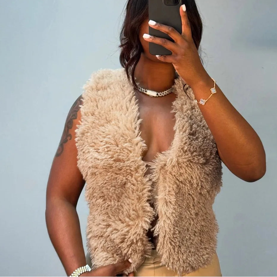 Sexy Women’s Fur Vest – Deep V-Neck Backless Bandage Top | 2025 Streetwear Fashion