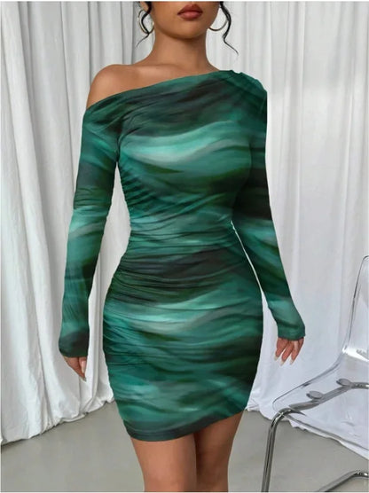 Sexy Pleated Long Sleeve Wrap Skirt Midi Dress for Women – Asymmetrical Collar 2025 Fashion Trend