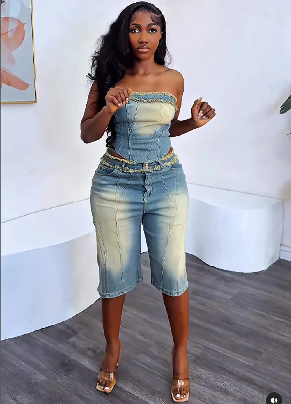 💙 Her Tea Denim Set – Fringed Strapless Top &amp; High-Waisted Shorts 💙