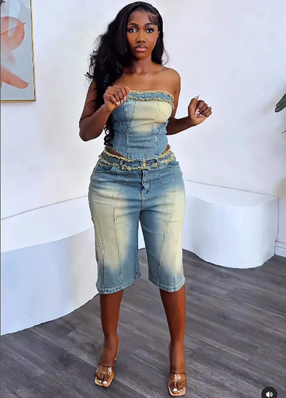💙 Her Tea Denim Set – Fringed Strapless Top &amp; High-Waisted Shorts 💙