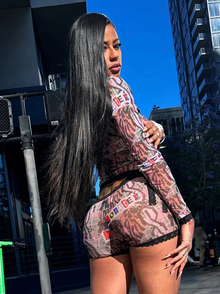 Lace Patchwork Printed 2-Piece Set – Full Sleeve Top &amp; Ribbon Skinny Shorts 🔥