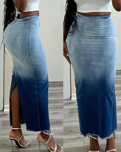 Elegant Women’s Tie-Dye Raw Hem Denim Skirt – Fashion Slit Short Dress Skirt, Casual Summer 2026