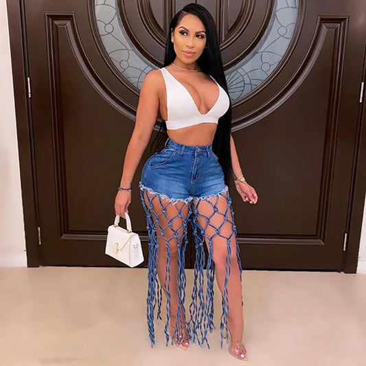 There She Is High Waist Denim Shorts – Women’s Tassel Splice Hot Pants 💙✨