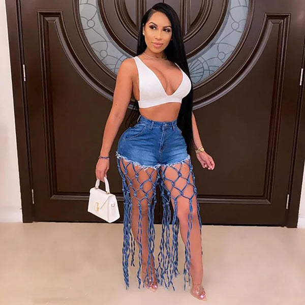 There She Is High Waist Denim Shorts – Women’s Tassel Splice Hot Pants 💙✨