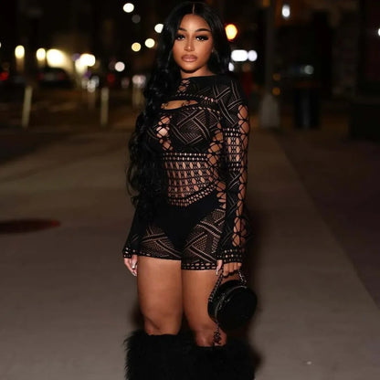 Women’s Sheer Long Sleeve Jumpsuit — Hollow-Out Mesh Club Romper