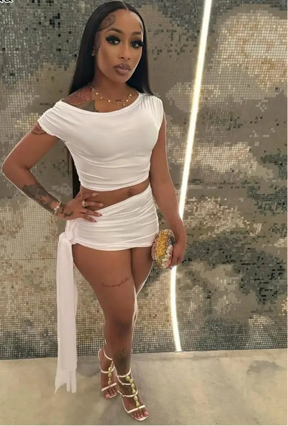 Sexy Summer Two-Piece Set for Women – Pleated Crop Tank Top & Ribbons Mini Skirt | 2025 Beach Holiday Outfit