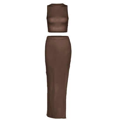 🔥 Quick Sexy 2-Piece Outfit Set 🔥 Sleeveless Crop Tank Top + Wrapped Hip High-Slit Maxi Skirt