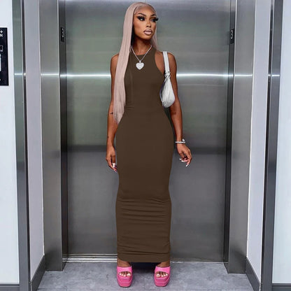 Simple Sexy Ribbed Sleeveless Maxi Dresses For Women Club Birthday Party Streetwear Elegant Outfits