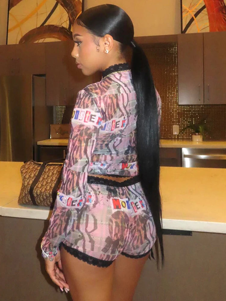 Lace Patchwork Printed 2-Piece Set – Full Sleeve Top &amp; Ribbon Skinny Shorts 🔥