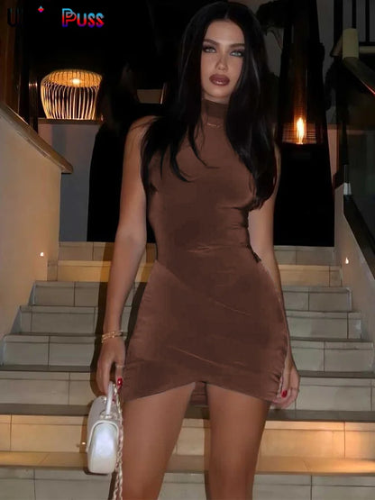 Too Sexy Cross Ruffles Mini Dress Woman Summer Sexy Solid Half High Collar Sleeveless Trend Chic Party Clubwear