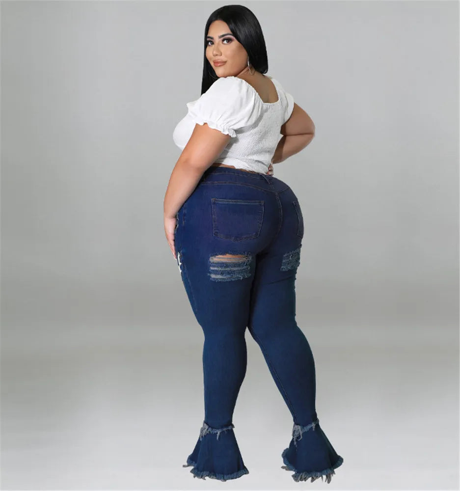 Thick & Sexy Plus Size Flared Jeans Women Bandage High Waist Tassel Hole Denim Ripped Bottom Stretch New Pants