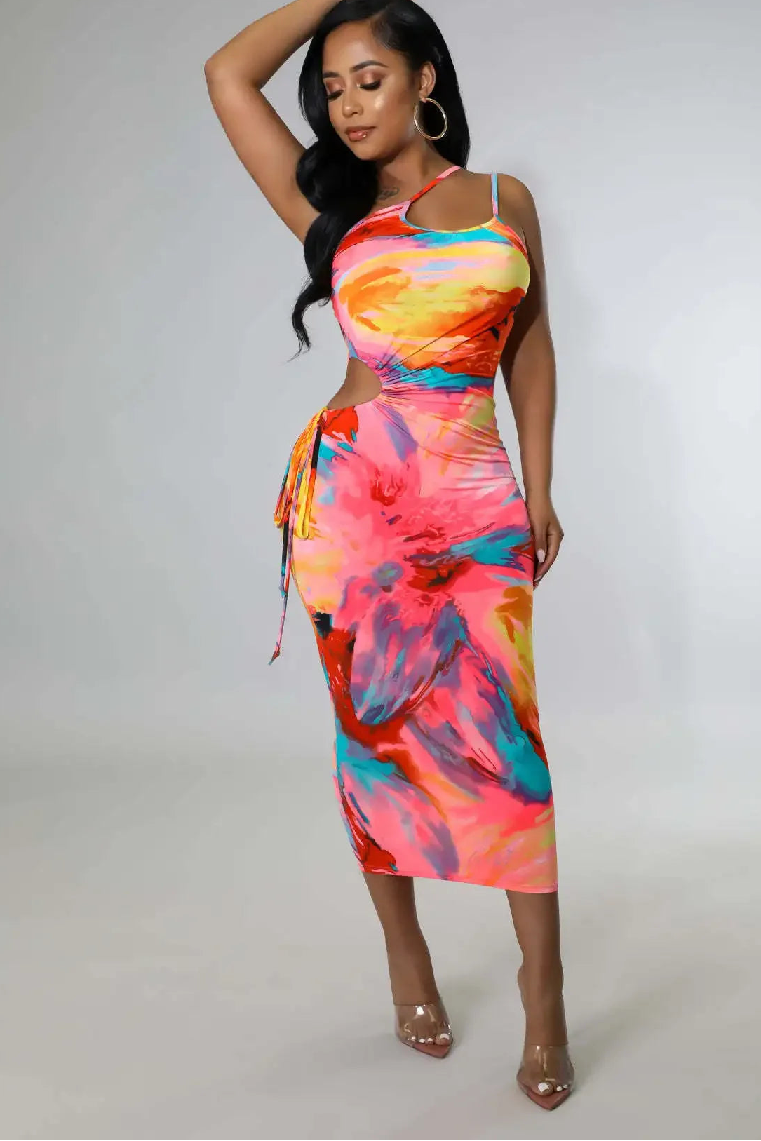Color Passion Splashed Sexy Tie-Dye Bandage Midi Dress for Women – Spaghetti Strap Skew Neck Summer Party & Club Dress