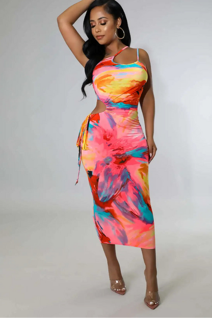 Color Passion Splashed Sexy Tie-Dye Bandage Midi Dress for Women – Spaghetti Strap Skew Neck Summer Party & Club Dress