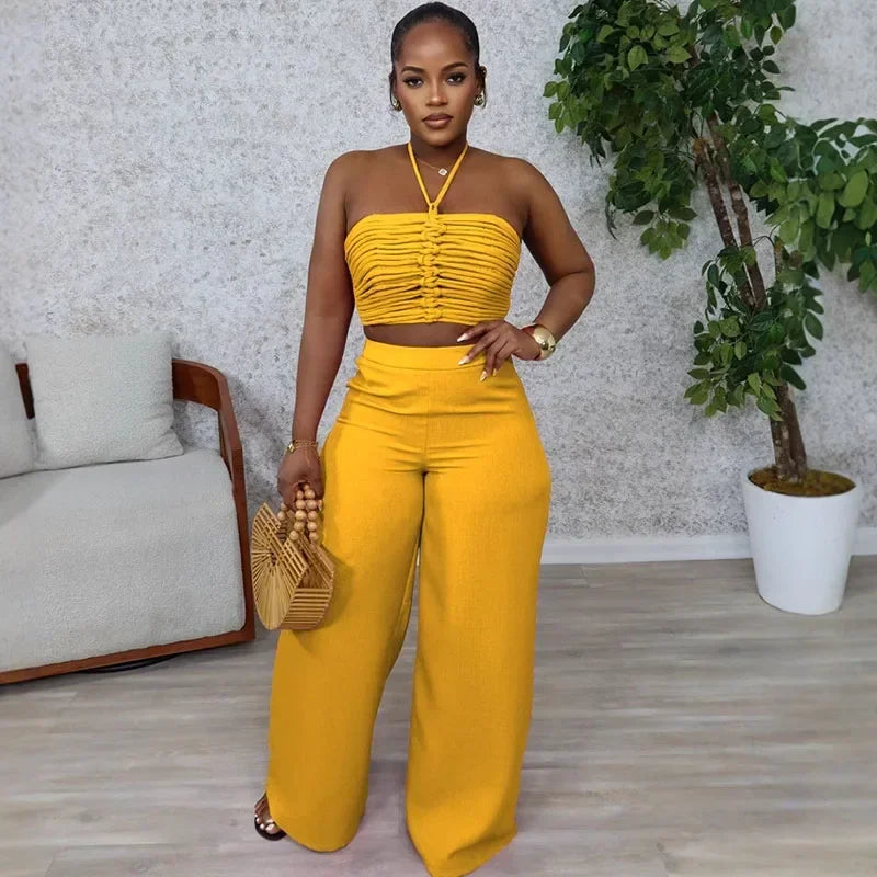 Sexy Night Club Outfits for Woman Two Piece Set Elegant Halter Backless Strapless Crop Top and Wide Leg Pants Matching Sets 2025