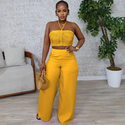 Sexy Night Club Outfits for Woman Two Piece Set Elegant Halter Backless Strapless Crop Top and Wide Leg Pants Matching Sets 2025