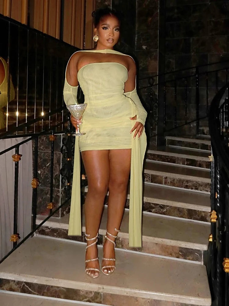 🔥 Take Me Out – 5-Star Celebrity Mini Dress 🔥 Strapless · Ribbon Tassels · Body-Shaping · Includes Full Sleeve Gloves