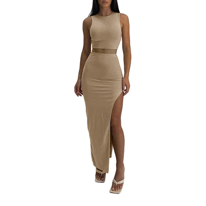🔥 Quick Sexy 2-Piece Outfit Set 🔥 Sleeveless Crop Tank Top + Wrapped Hip High-Slit Maxi Skirt