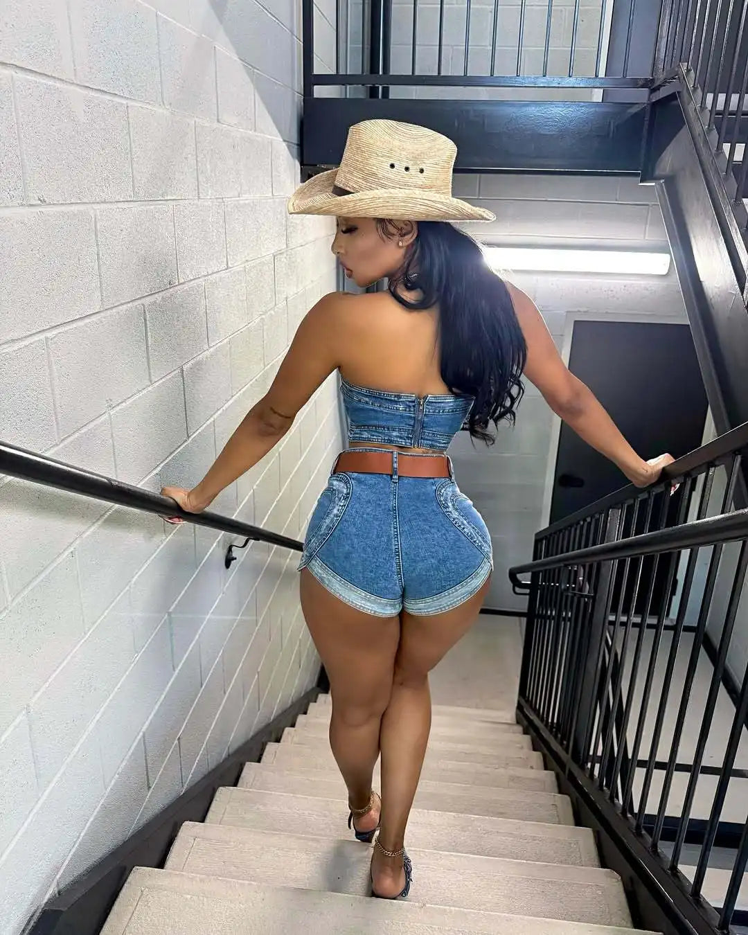 Rodeo Ready Denim Two-Piece Set — Strapless Top & High-Waist Shorts Outfit