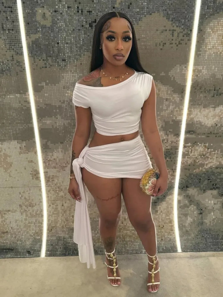 Sexy Summer Two-Piece Set for Women – Pleated Crop Tank Top & Ribbons Mini Skirt | 2025 Beach Holiday Outfit